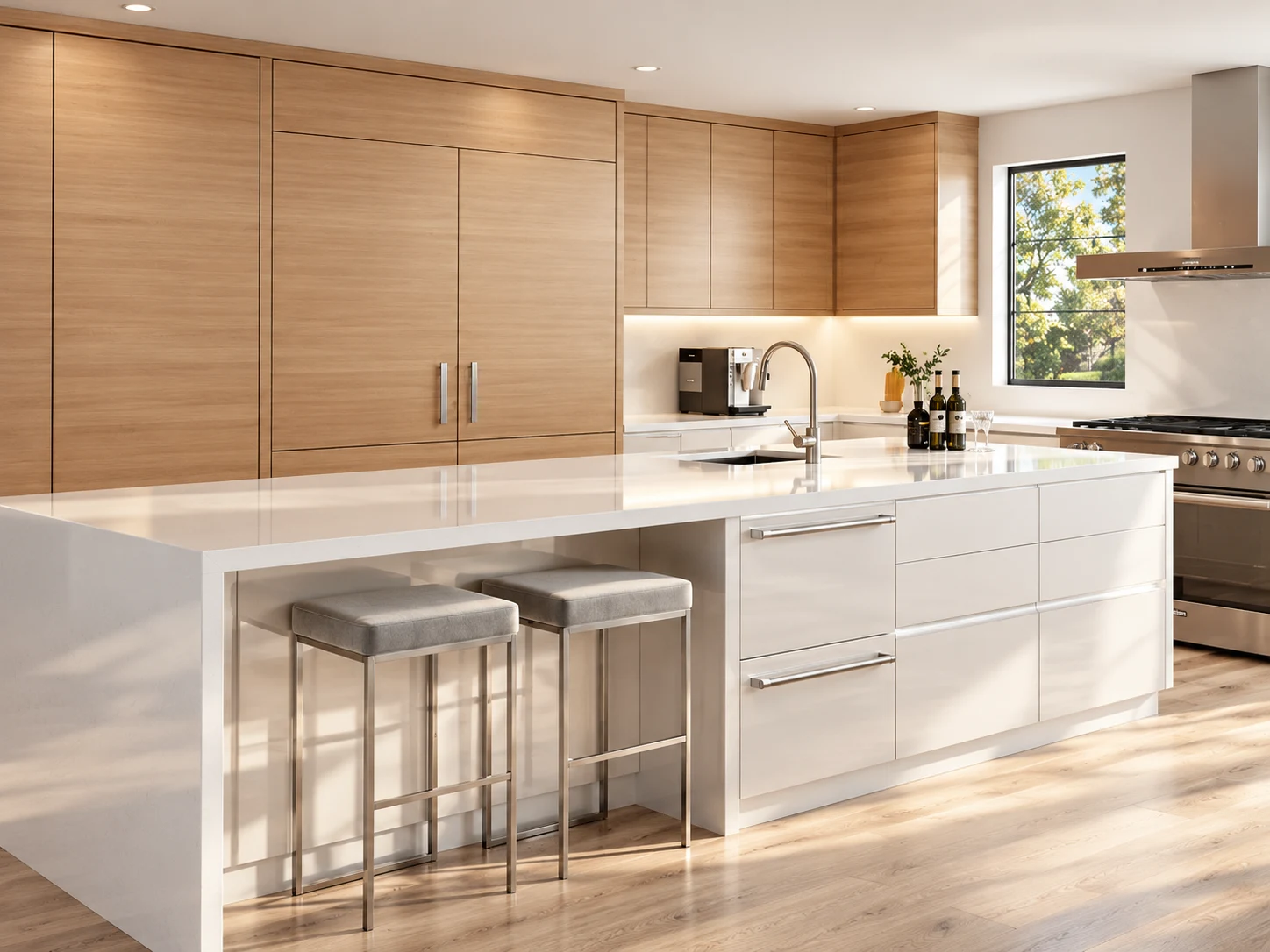 Warm oak kitchen with a white island and sunlit floor